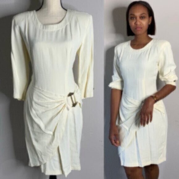 La Belle 80s Vintage Ruched Knee Length Gold Ascent Dress - Picture 5 of 15